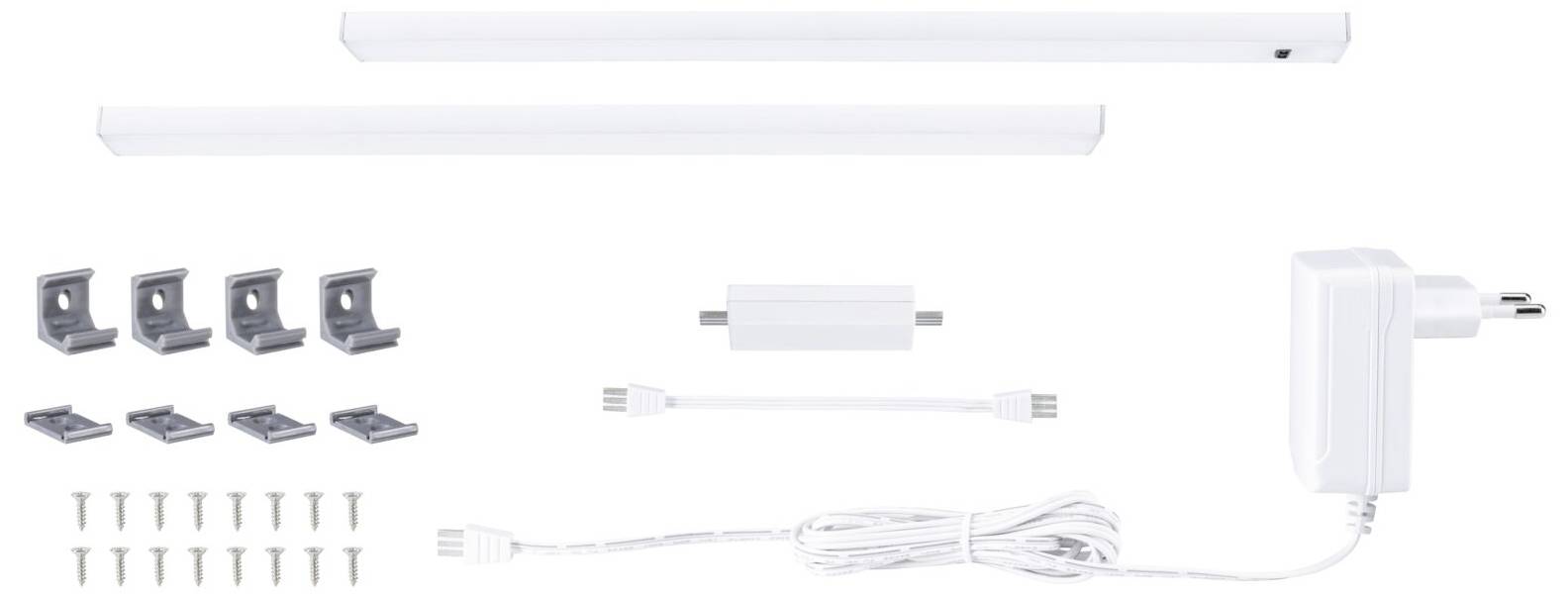 Zestaw oświetleniowy z dwoma listwami LED, sześcioma uchwytami montażowymi, śrubami, kablem połączeniowym, adapterem i transformatorem.