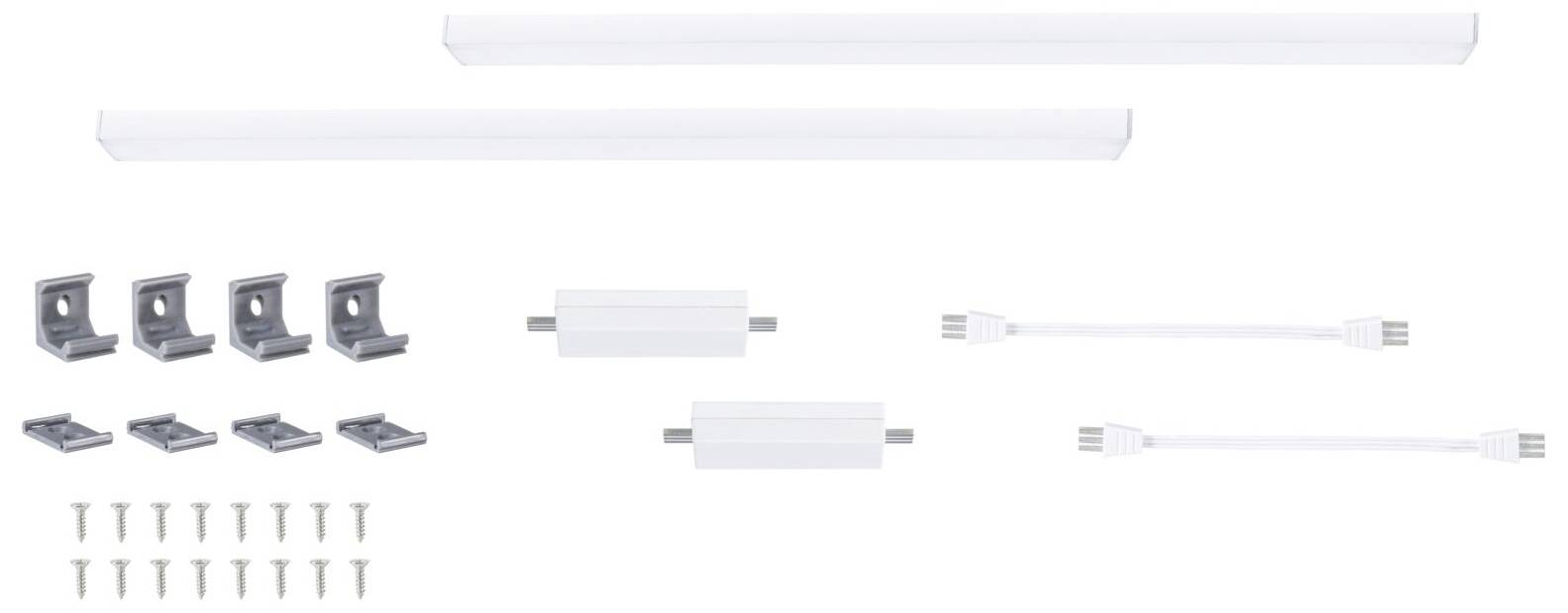 Dwie listwy LED, materiały montażowe, złączki i przewody do instalacji systemu oświetleniowego na białym tle.