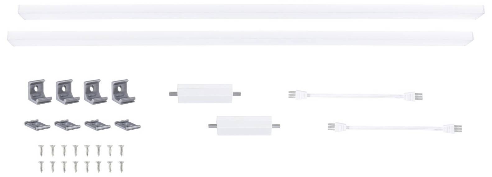 Zestaw oświetleniowy z dwoma listwami LED, czterema uchwytami, elementami łączącymi, przewodami i akcesoriami montażowymi. Idealny do oświetlenia szafek.