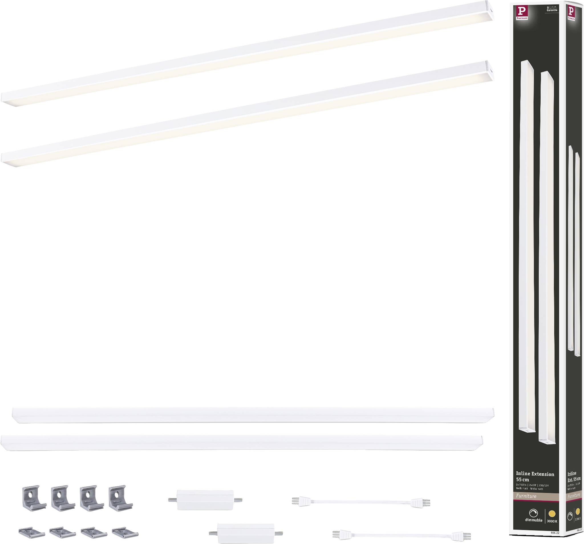 Dwie białe listwy świetlne LED z akcesoriami i opakowaniem. Nadają się do rozbudowy istniejącego oświetlenia. Zawierają uchwyty montażowe i przewody.