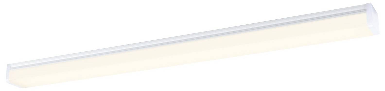 Biała lampa LED o nowoczesnym, smukłym designie, nadająca się do montażu sufitowego lub ściennego.