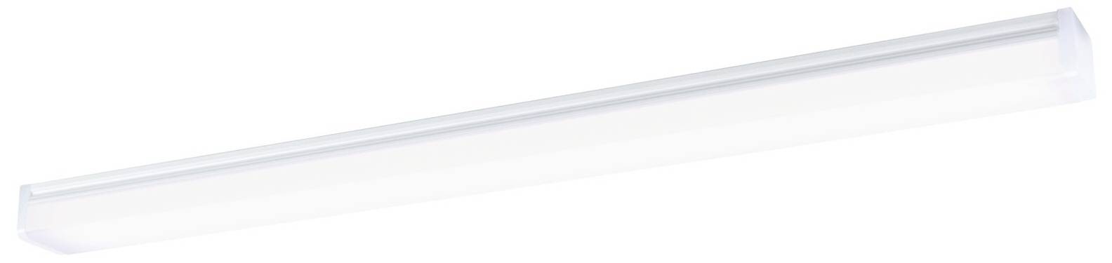 Wąska, prostokątna lampa sufitowa w kolorze białym, typowa dla biur lub mieszkań, o nowoczesnym, minimalistycznym designie.