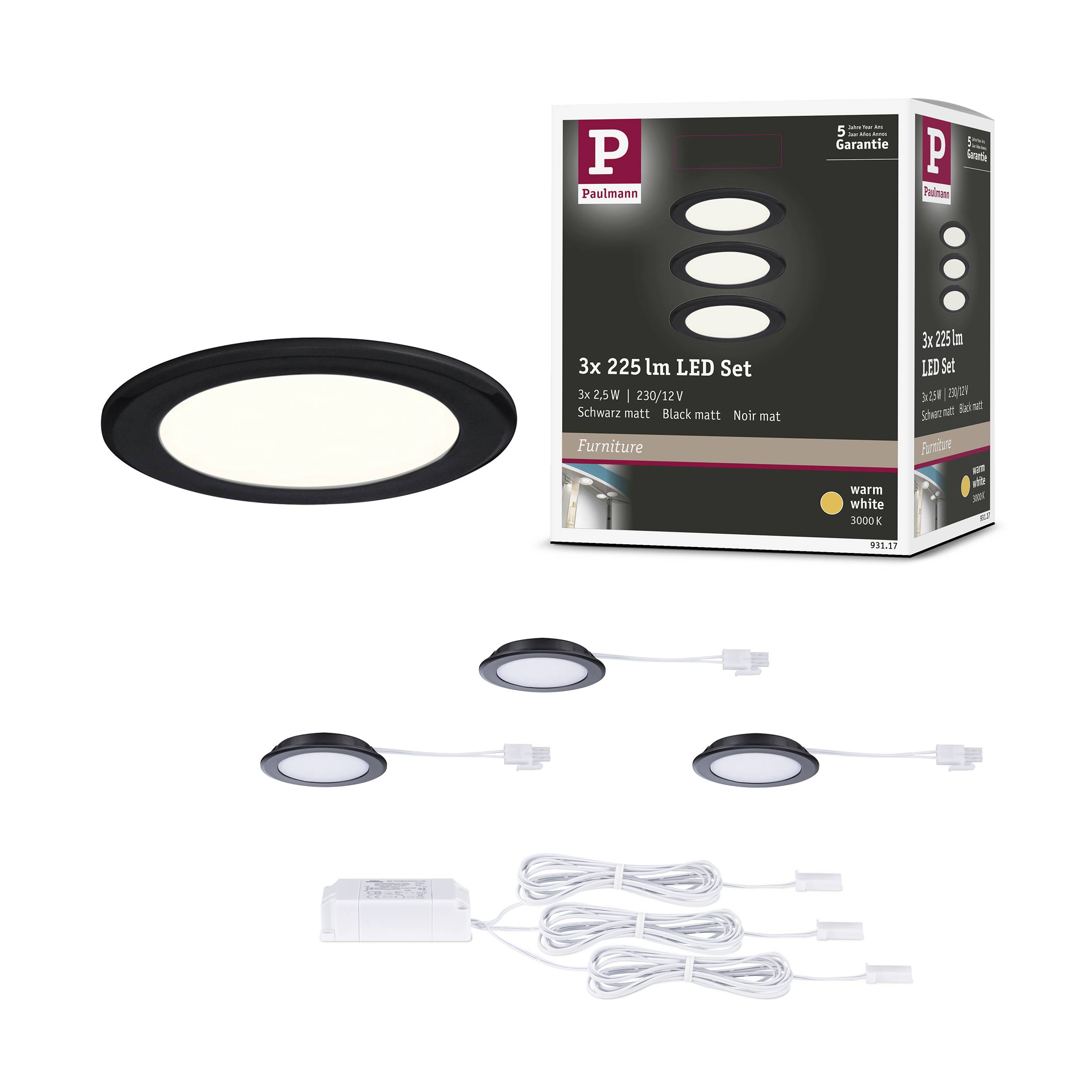 Zestaw LED z trzema czarnymi, matowymi lampami, każda o natężeniu 225 lumenów. Opakowanie prezentuje produkt w różnych ujęciach. Ciepłe białe światło.