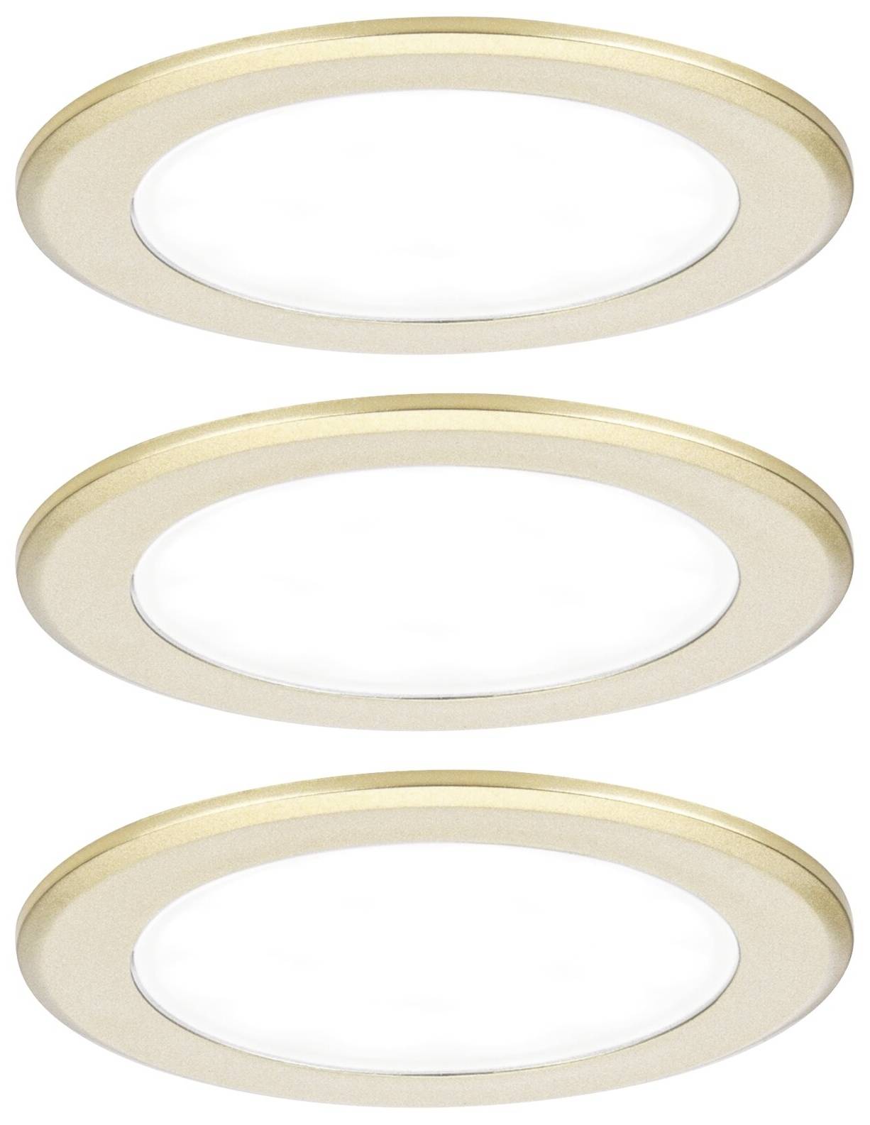 Trzy okrągłe, złociste lampy wpuszczane w pionie. Każda lampa posiada białe, świecące centrum.