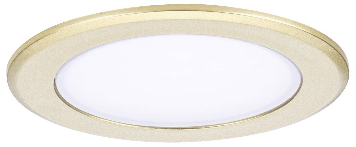 Okrągła złota lampa sufitowa LED z białą osłoną. Minimalistyczny design, idealna do nowoczesnych wnętrz.