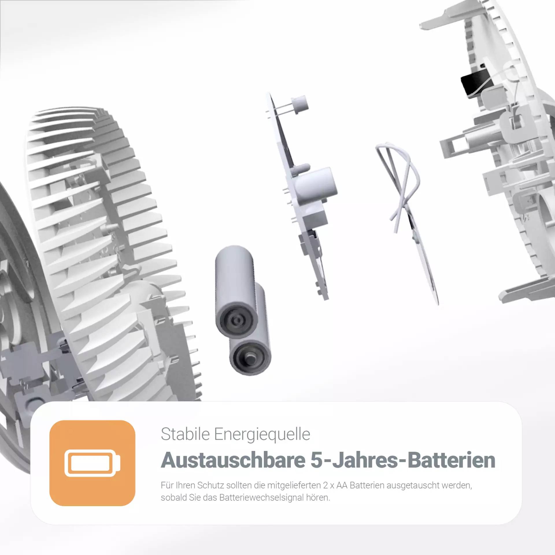 Wymienialne baterie 5-letnie jako stabilne źródło energii. Prosty montaż 2 baterii AA zapewniający bezpieczeństwo.