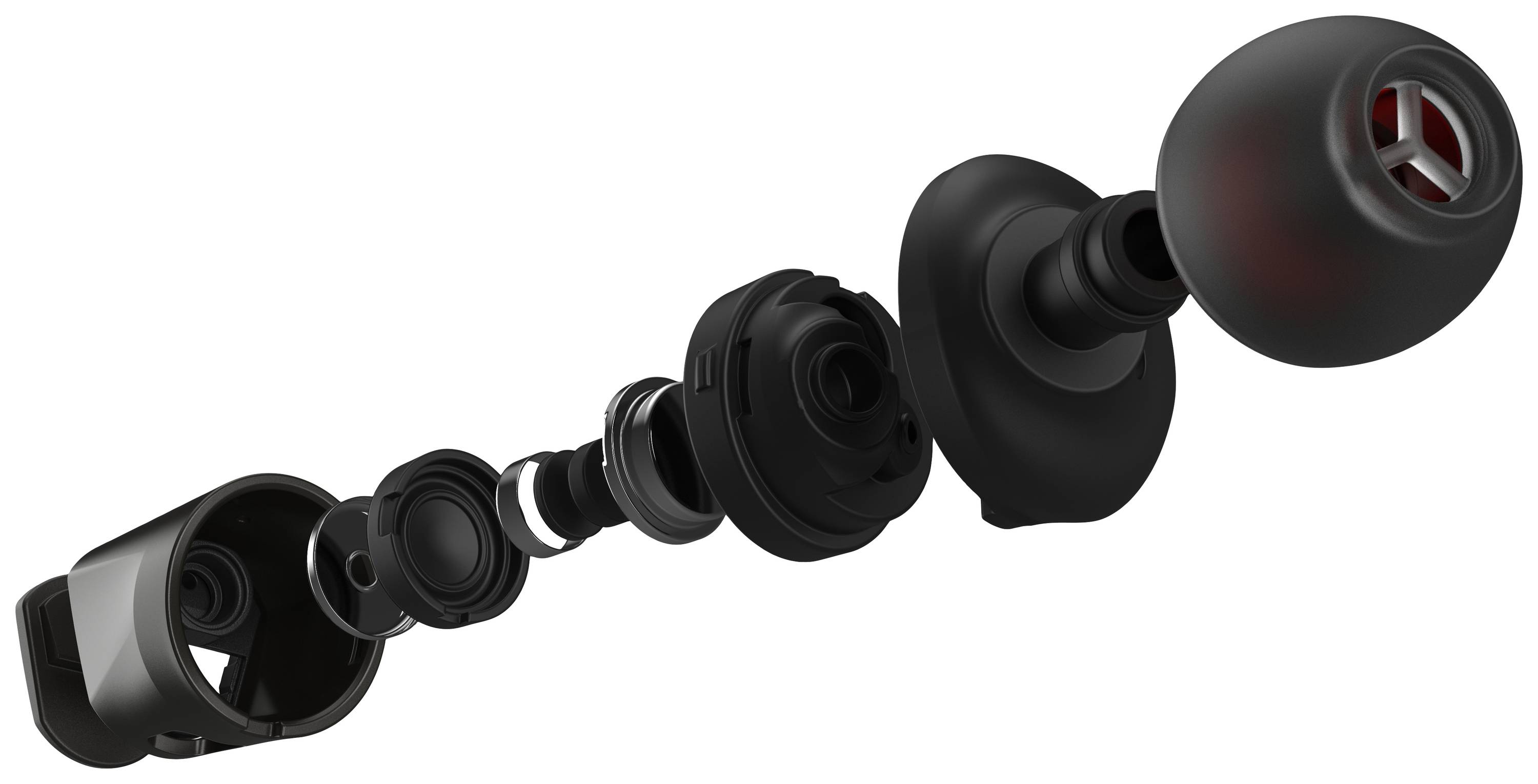 Rysunek przedstawia słuchawki rozłożone na części, widoczne są mechanizm i komponenty.