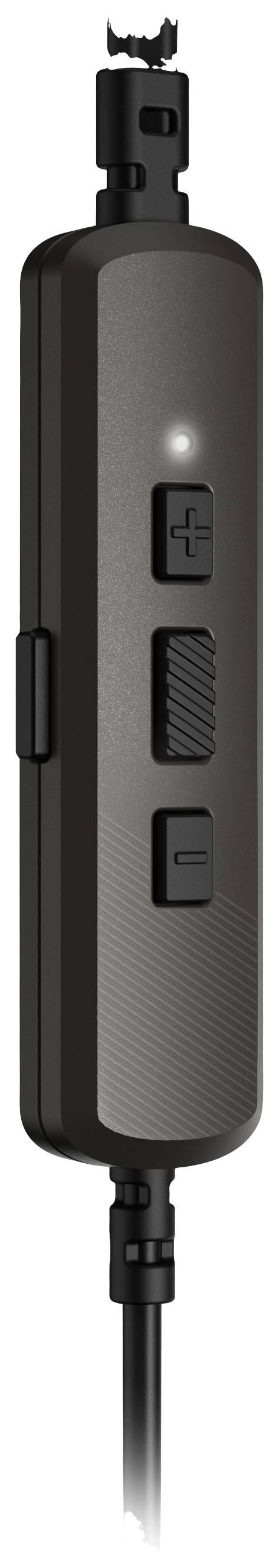 Czarny pilot z trzema przyciskami: Plus, pokrętło i Minus. Widoczny górny wtyk oraz dolne złącze kablowe.