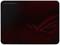 Czerwona podkładka pod mysz ROG z napisem 'ROG SCABBARD II' w lewym górnym rogu i stylizowanym logo po prawej stronie.