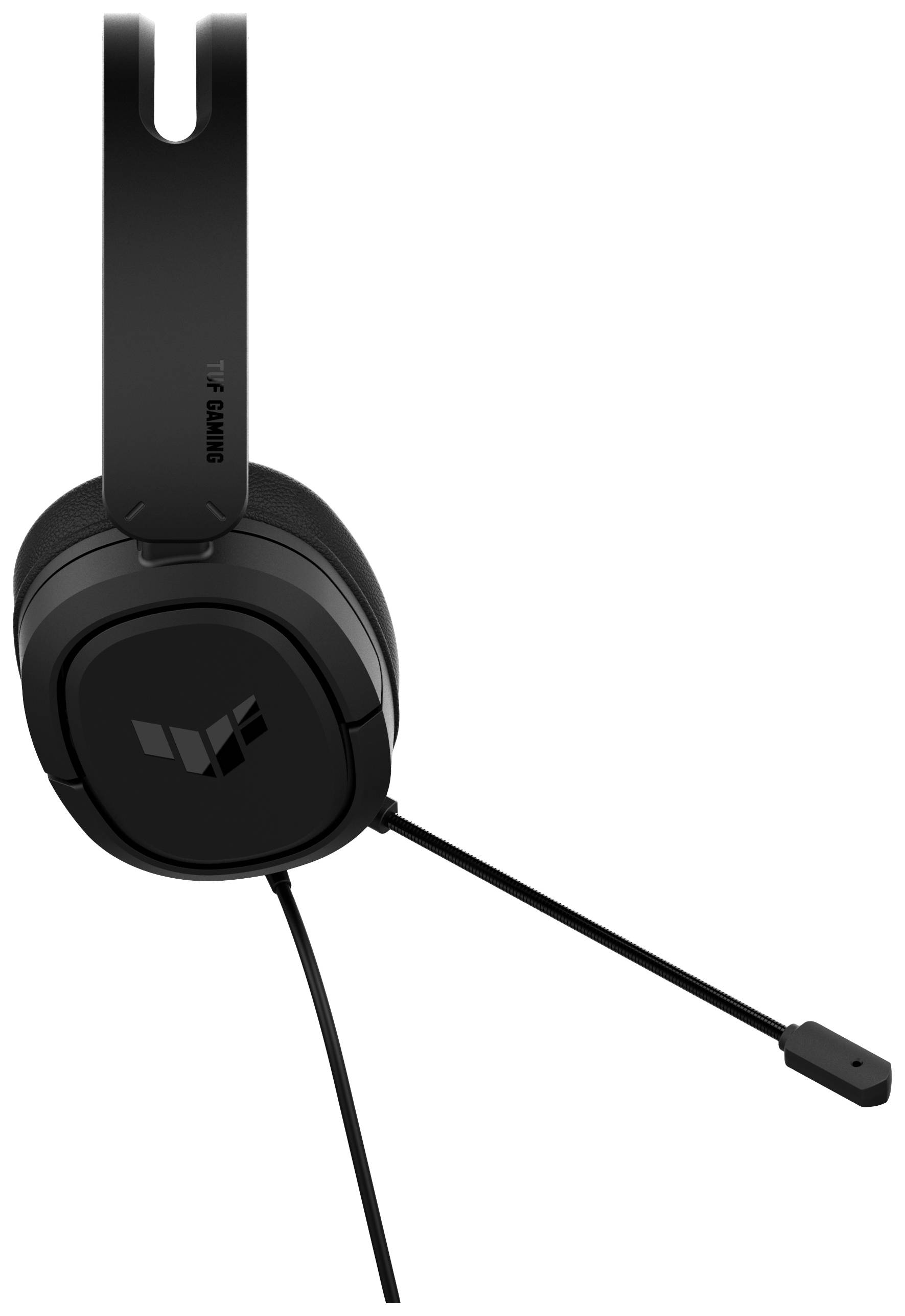 Czarny zestaw słuchawkowy do gier z mikrofonem, oznaczony logo 'TUF Gaming'.