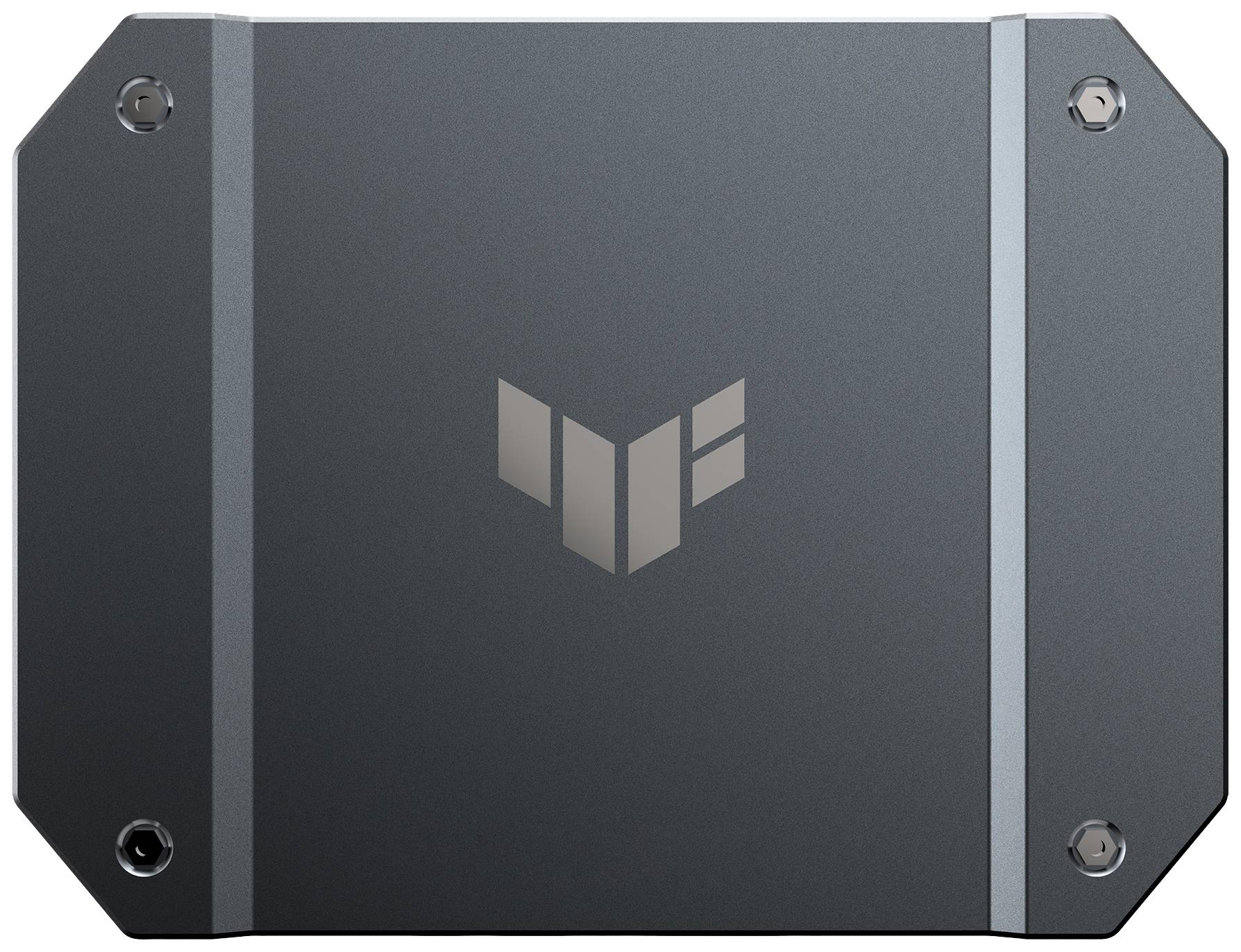 Szary, sześciokątny obiekt metalowy z kanciastym logo pośrodku.