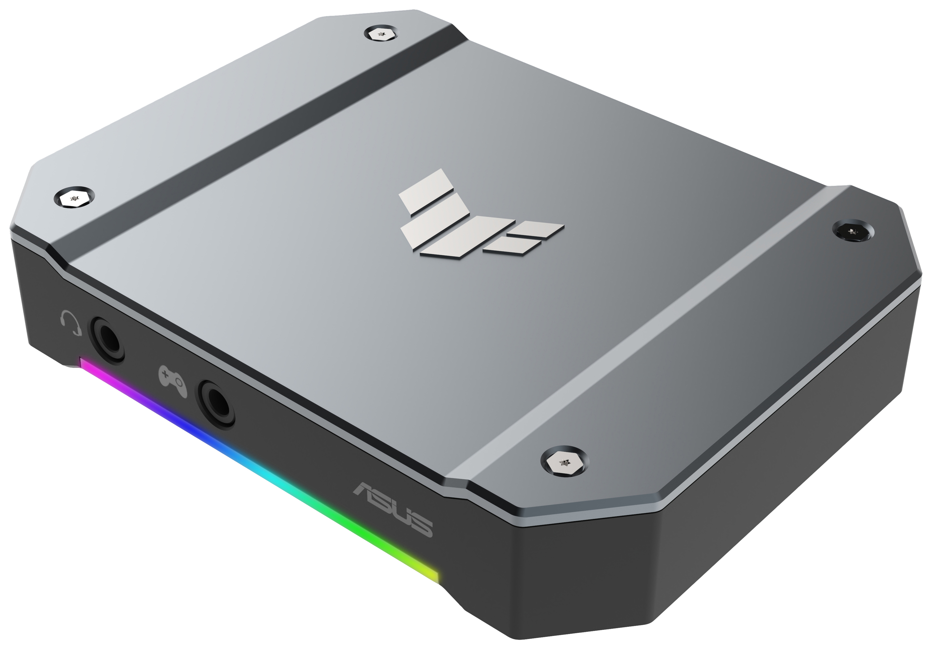 Kompaktowe, czarne, sześciokątne urządzenie z logo Asus na górze. Posiada złącza z przodu i kolorowy pasek świetlny LED.