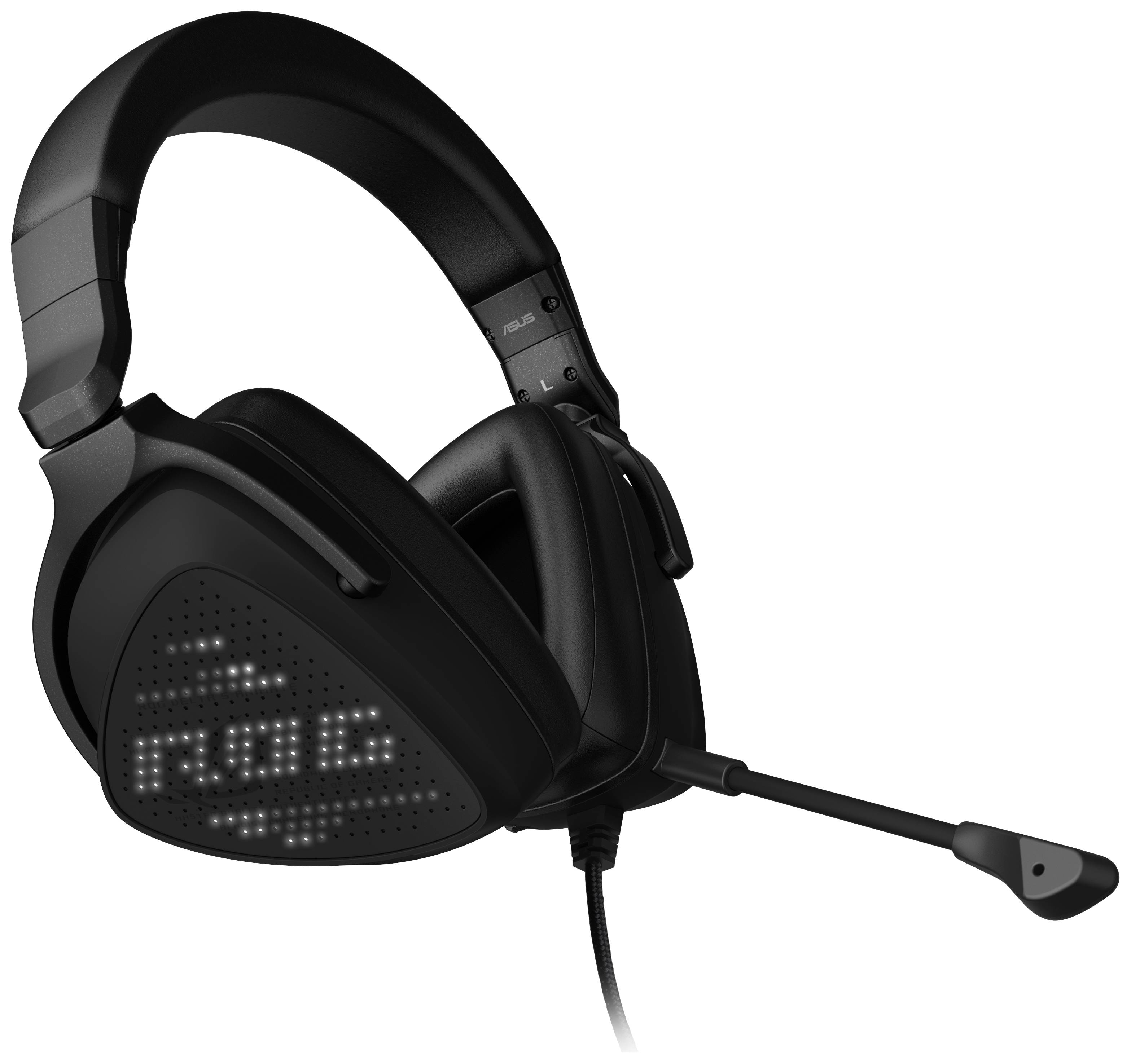 Czarne nauszne słuchawki gamingowe z zintegrowanym mikrofonem i podświetlanym, trójkątnym panelem na muszce.
