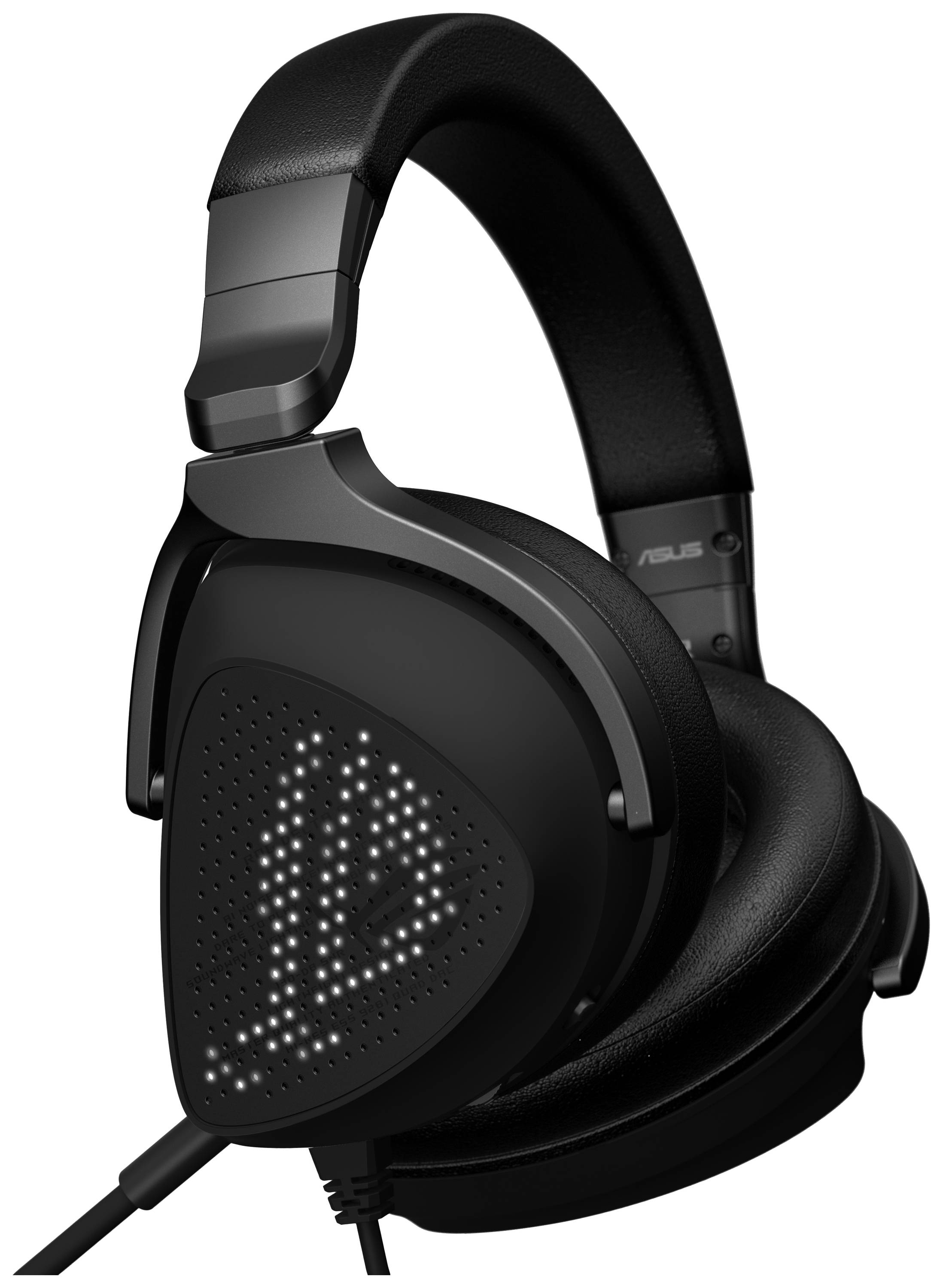 Czarne słuchawki nauszne z przewodem, wyświetlające świecący wzór na bocznej części muszli słuchawkowej. Odpowiednie do grania lub słuchania muzyki.