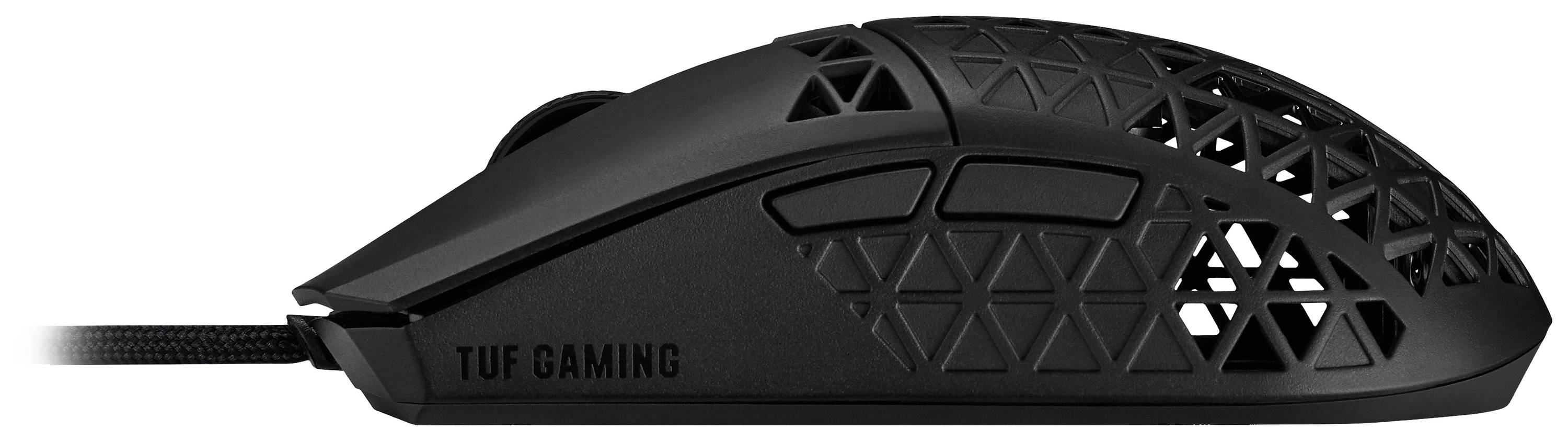 Czarna mysz gamingowa z siateczkowym wzorem na górnej części. Po bokach napis 'TUF GAMING'. Przewodowa dla precyzyjnego sterowania.