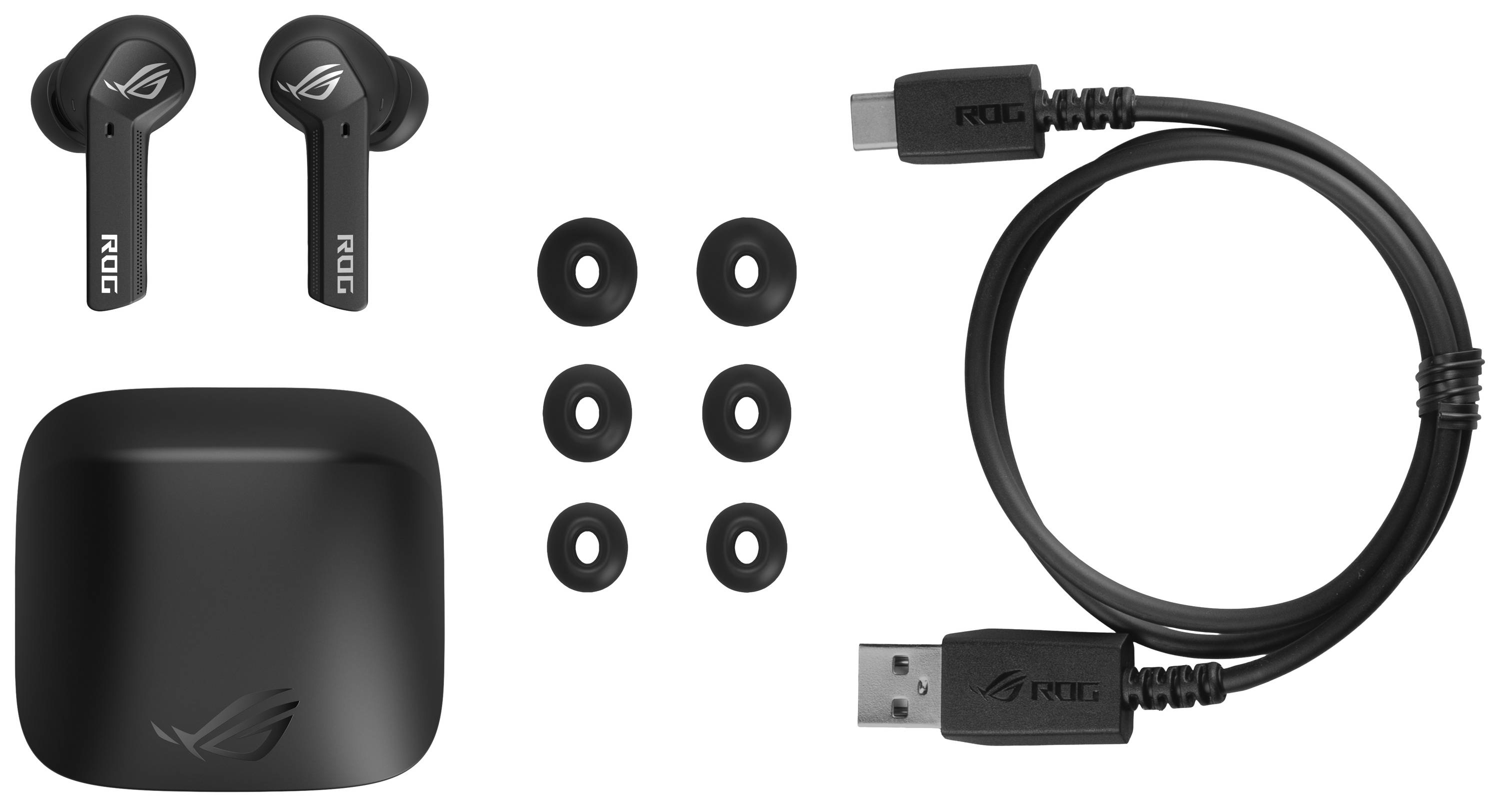 Czarne bezprzewodowe słuchawki douszne, etui ładujące, kabel USB i nakładki douszne w różnych rozmiarach.