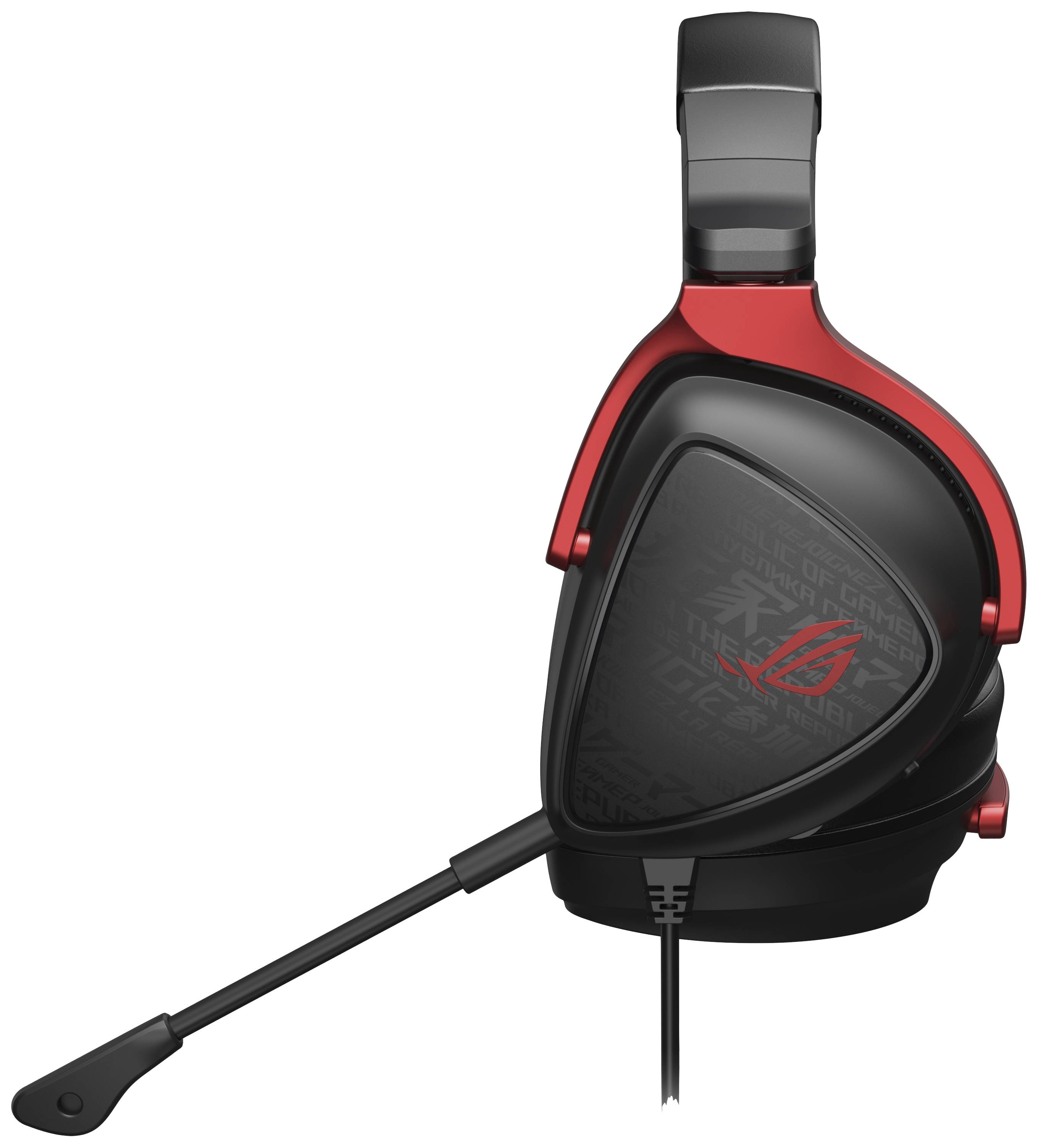 Czarno-czerwone słuchawki gamingowe z mikrofonem na ramieniu.