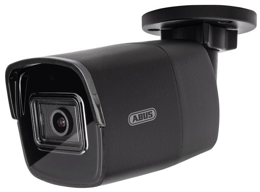 Czarna kamera bezpieczeństwa widziana z boku, zamontowana na uchwycie, z logo 'ABUS'.