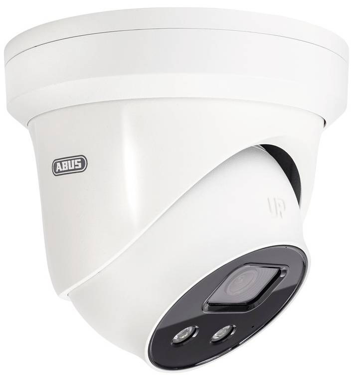 Biała kamera monitoringu na suficie, w nowoczesnym stylu, z widocznym czołowo obiektywem i diodami LED.