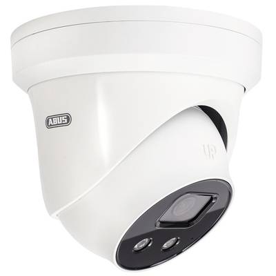 Biała kamera monitoringu na suficie, w nowoczesnym stylu, z widocznym czołowo obiektywem i diodami LED.