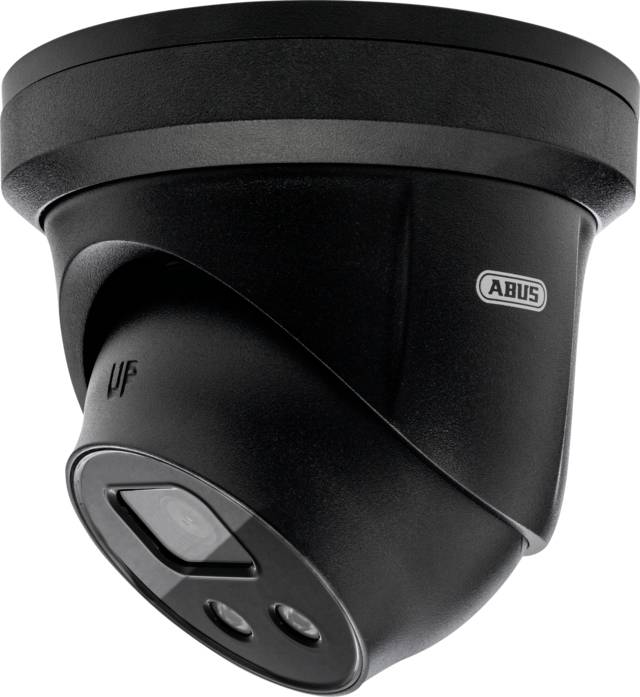 Czarna kamera monitorująca marki ABUS w wypukłej obudowie. Kamera jest obrotowa i nadaje się do zastosowań na zewnątrz.