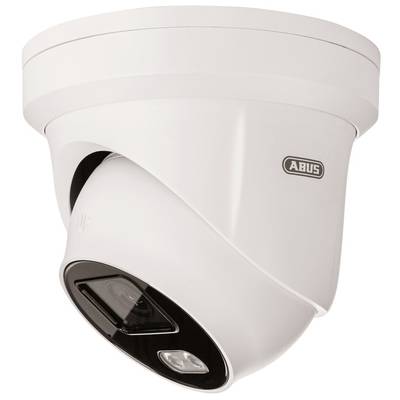 Biała kamera monitorująca firmy Abus, przeznaczona do celów bezpieczeństwa, prezentuje kopułkowy design z kamerą i sensorem.