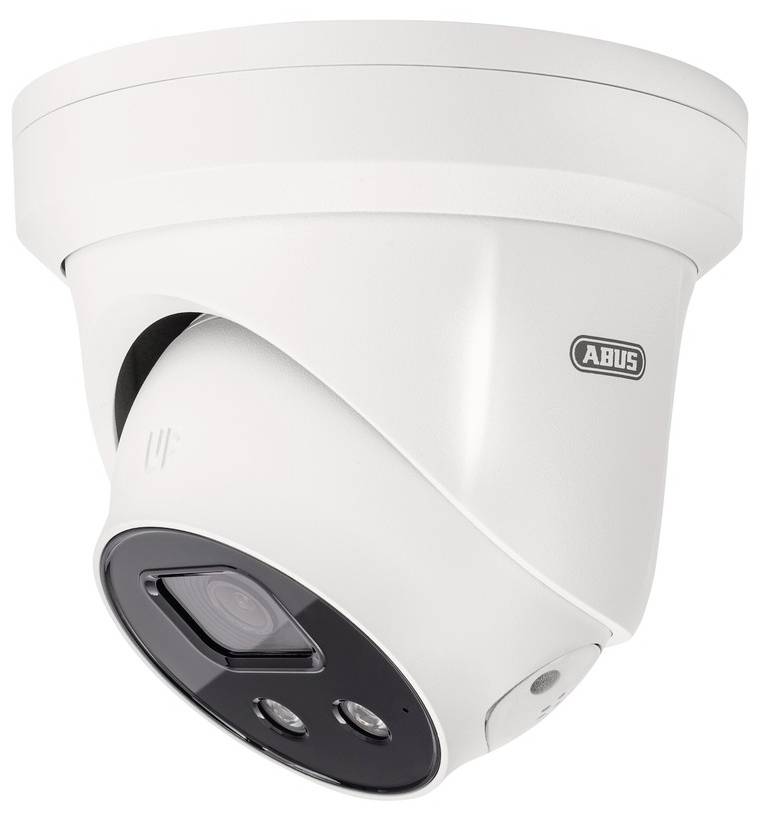 Biała kamera bezpieczeństwa z czarną przednią częścią, zamontowana na suficie. Służy do monitoringu w budynkach lub obszarach zewnętrznych.