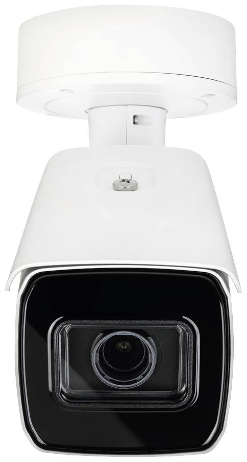 Biała kamera monitoringu z prostokątną obudową i widoczną głowicą obiektywu. Zamocowana na uchwycie do montażu sufitowego.
