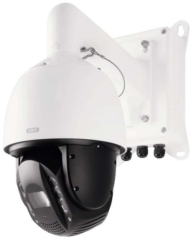 Biała i czarna kamera monitoringu zamontowana na ścianie, przeznaczona do użytku zewnętrznego do nadzorowania budynków lub obszarów.