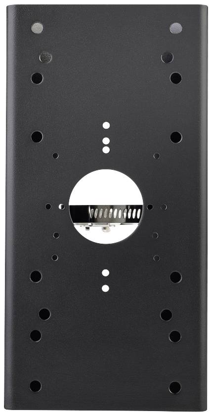 Czarna prostokątna płyta metalowa z wieloma otworami i okrągłym wycięciem pośrodku.