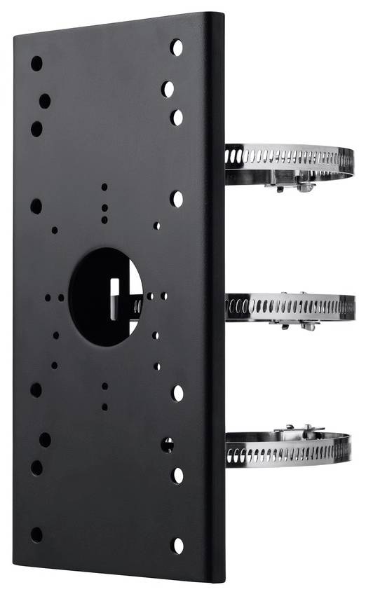 Metalowy uchwyt z wieloma otworami i dwoma regulowanymi paskami do mocowania na maszcie lub słupie.