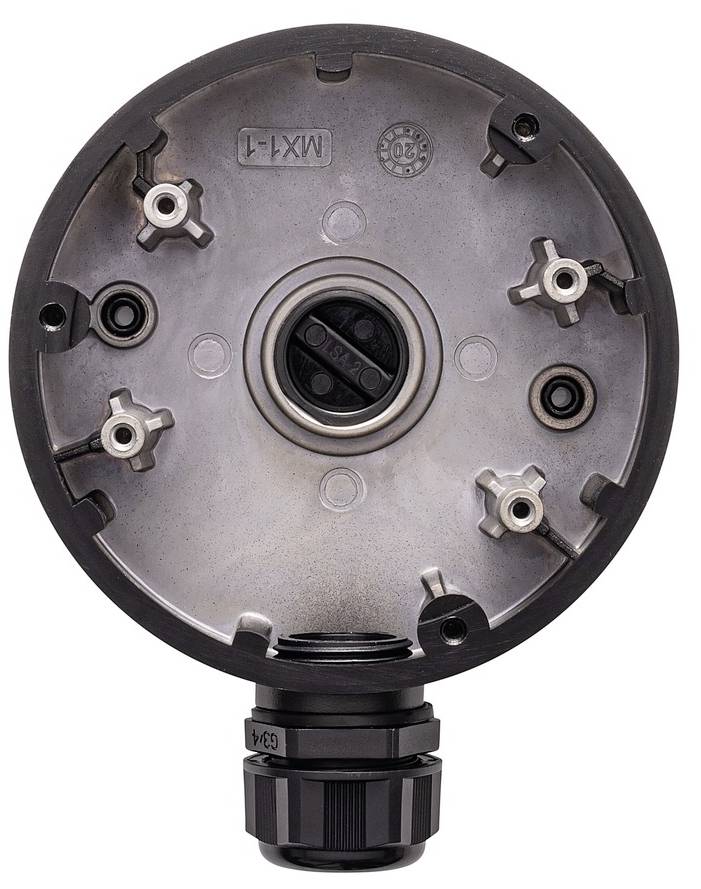 Okrągła metalowa podstawa z wieloma otworami na śruby i centralnym przyłączem. Nadaje się do zastosowań mechanicznych lub elektrycznych.