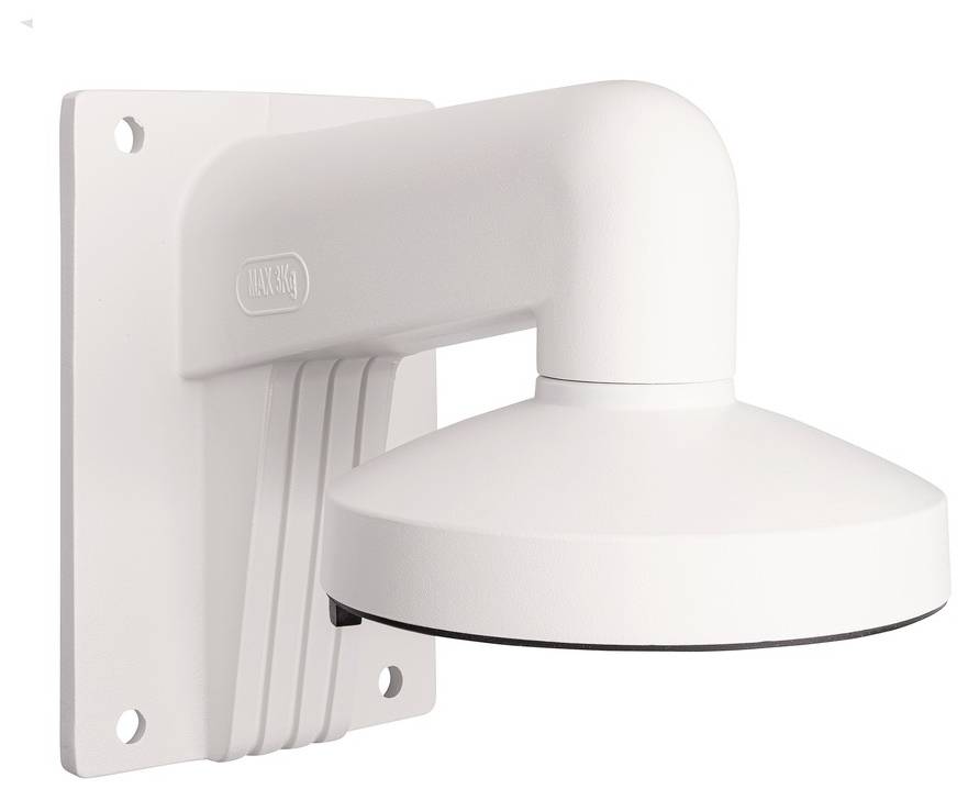 Biała uchwyt ścienny z tworzywa sztucznego, o zakrzywionym kształcie; stosowany do montażu kamer na ścianach.