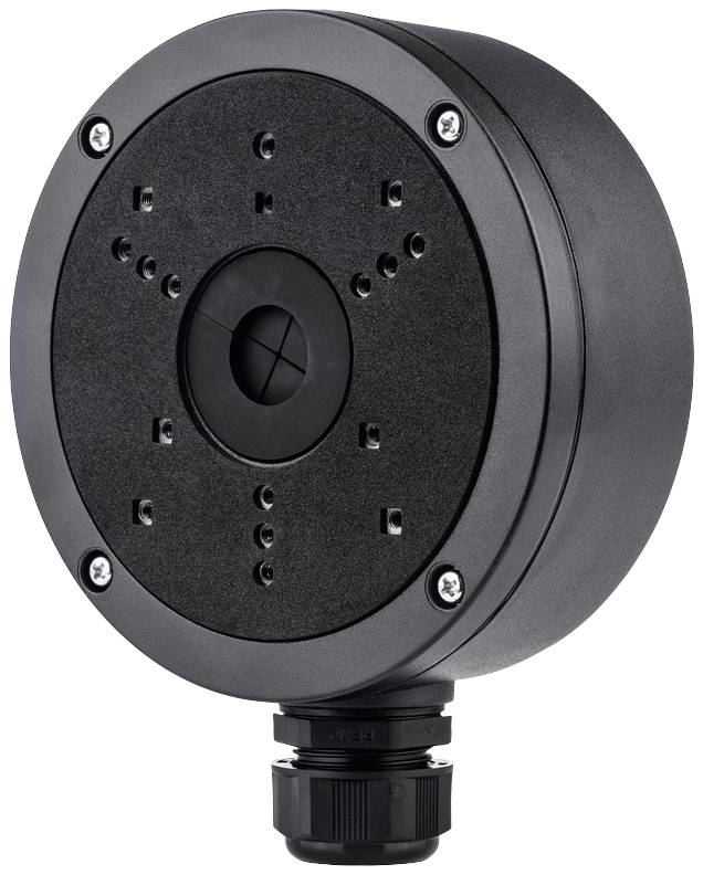 Czarna, okrągła podstawa z centralnym otworem i wieloma punktami mocowania, przeznaczona do instalacji kamer na ścianach lub sufitach.