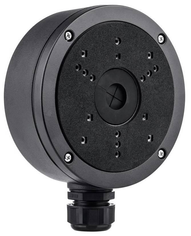 Ta puszka rozgałęźna jest okrągła i czarna, posiada kilka otworów do mocowania śrub oraz dławik kablowy od spodu.