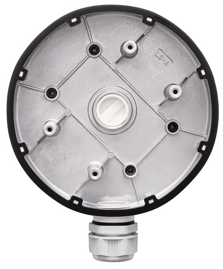 Czarna, okrągła przyrząd z wieloma śrubami i centralnym zamknięciem pośrodku. Stosowany w zastosowaniach technicznych.