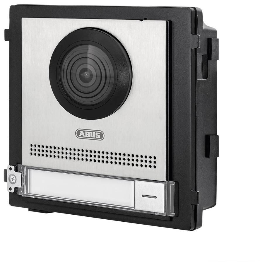 Wideodomofon z obiektywem kamery, głośnikiem i tabliczką z nazwiskiem na srebrnym tle.