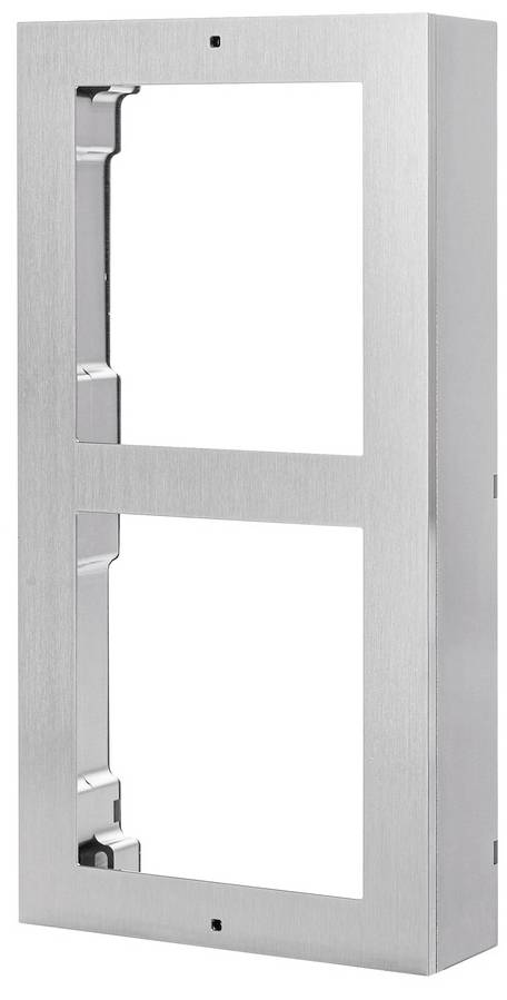 Metalowa rama do podwójnej instalacji skrzynek pocztowych, z wycięciami na dwie jednostki, przystosowana do montażu ściennego.