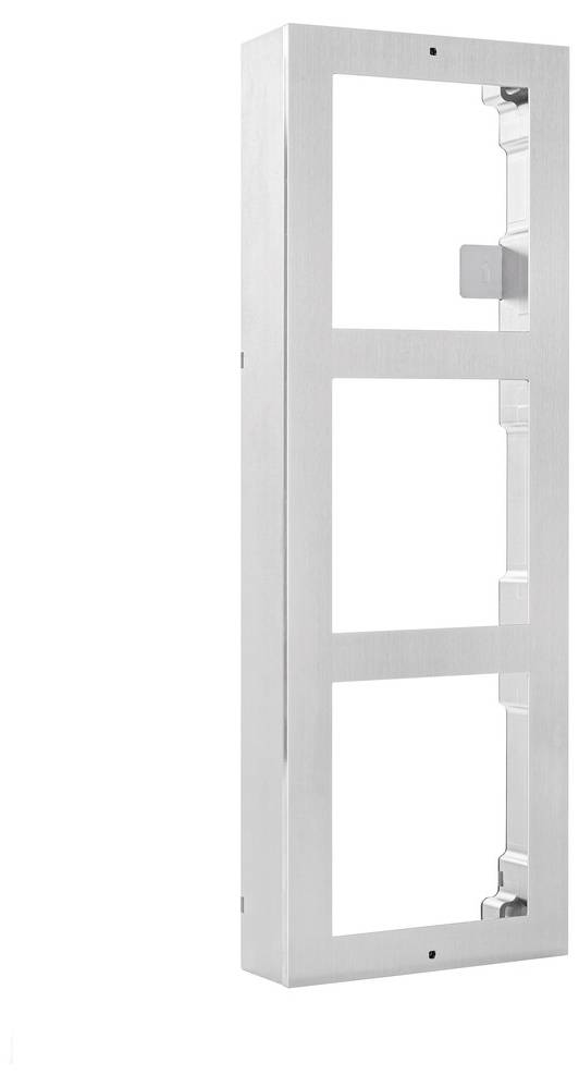 Srebrny, prostokątny metalowy element z trzema dużymi wycięciami, ustawiony pionowo; prawdopodobnie część ramy drzwi lub okna.