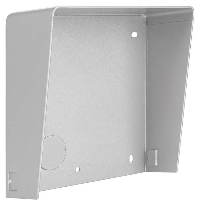 Metalowa obudowa ochronna w kolorze srebrnym, wykonana w otwartej formie, z otworami montażowymi. Zaprojektowana do zabudowy ściennej urządzeń lub przełączników.