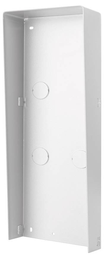 Srebrna metalowa osłona z okrągłymi wycięciami i prostokątnym otworem, prawdopodobnie przeznaczona do montażu urządzeń elektronicznych.