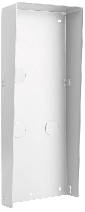 Srebrny, prostokątny metalowy pojemnik z zaokrąglonymi narożnikami, zamontowany na ścianie. Posiada kilka okrągłych otworów po bokach.