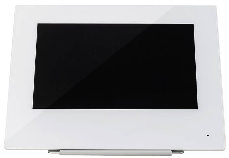 Biały cyfrowy ramka na zdjęcia z czarnym ekranem. Ramka jest ustawiona w orientacji poziomej i nie wyświetla żadnych zdjęć ani obrazów.