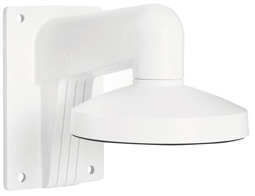 Biała ścienna podstawa mocująca do kamery monitoringu z wygiętym ramieniem i okrągłą osłoną ochronną.