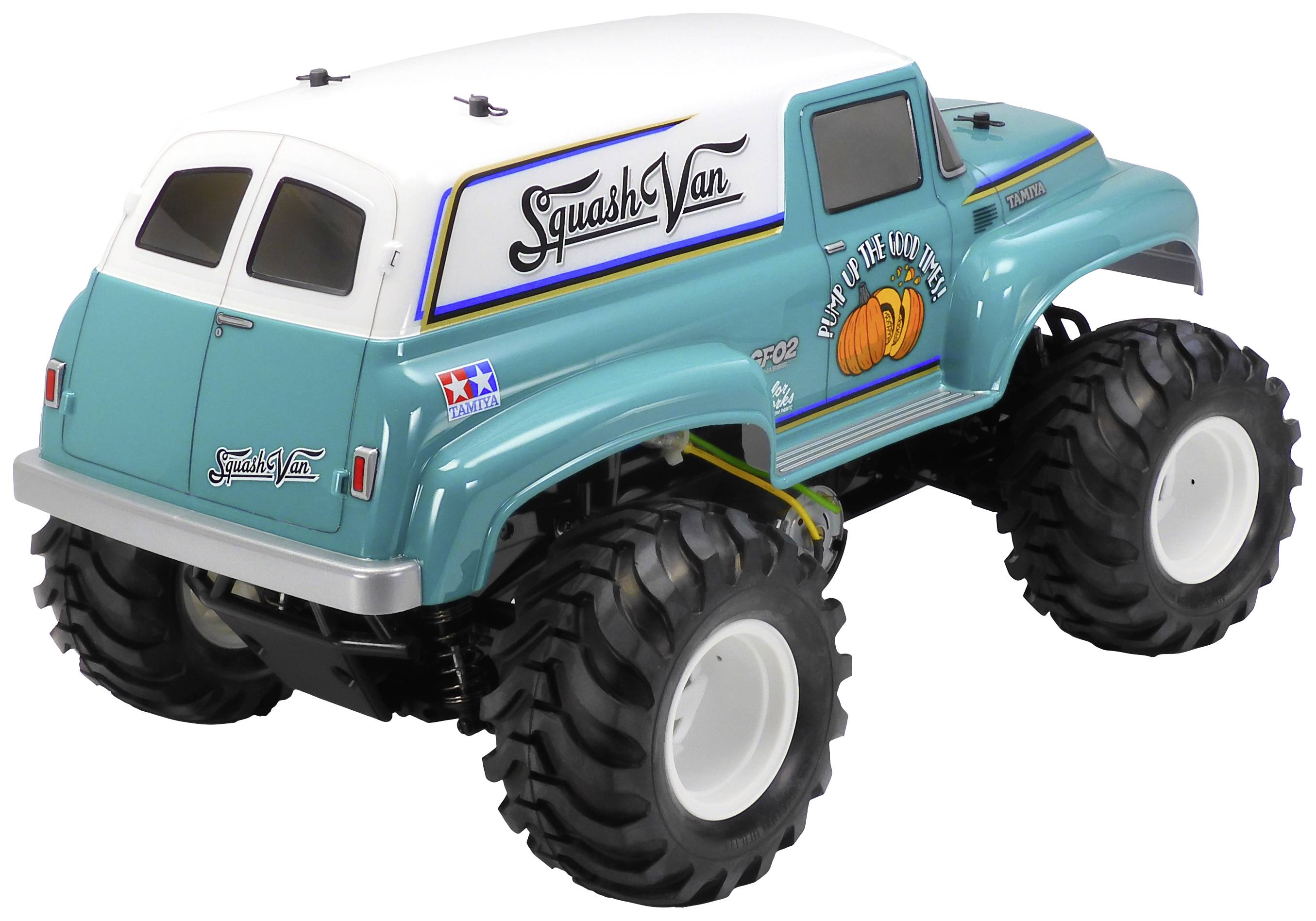 Zabawkowy monster truck w kształcie retro vana z napisem 'Squash Van' i projektem dyni na boku.