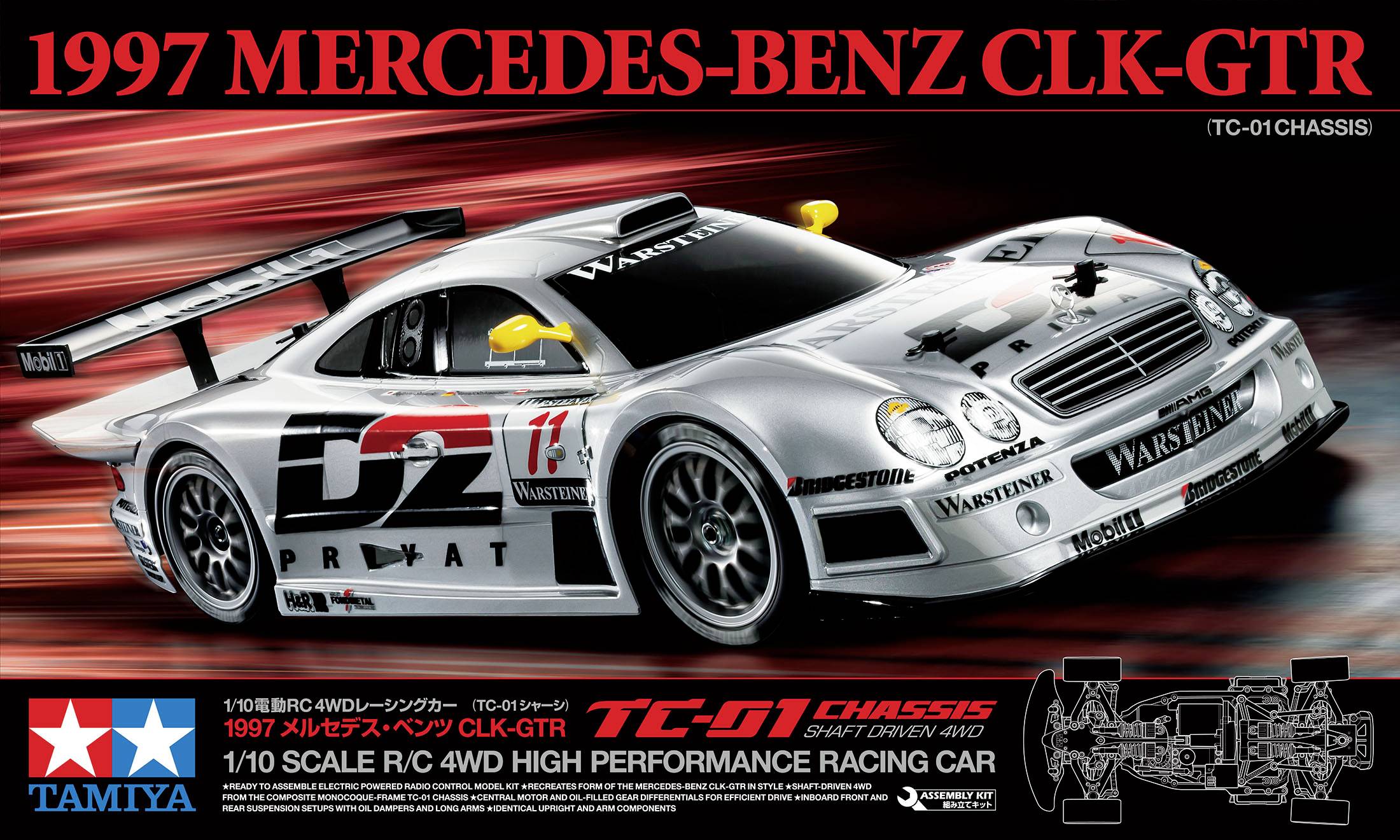Model samochodu Mercedes-Benz CLK-GTR z 1997 roku: Modelik firmy Tamiya w skali 1:10, w kolorze srebrnym z nadrukiem wyścigowym, zapakowany w opakowanie z technicznymi szczegółami.