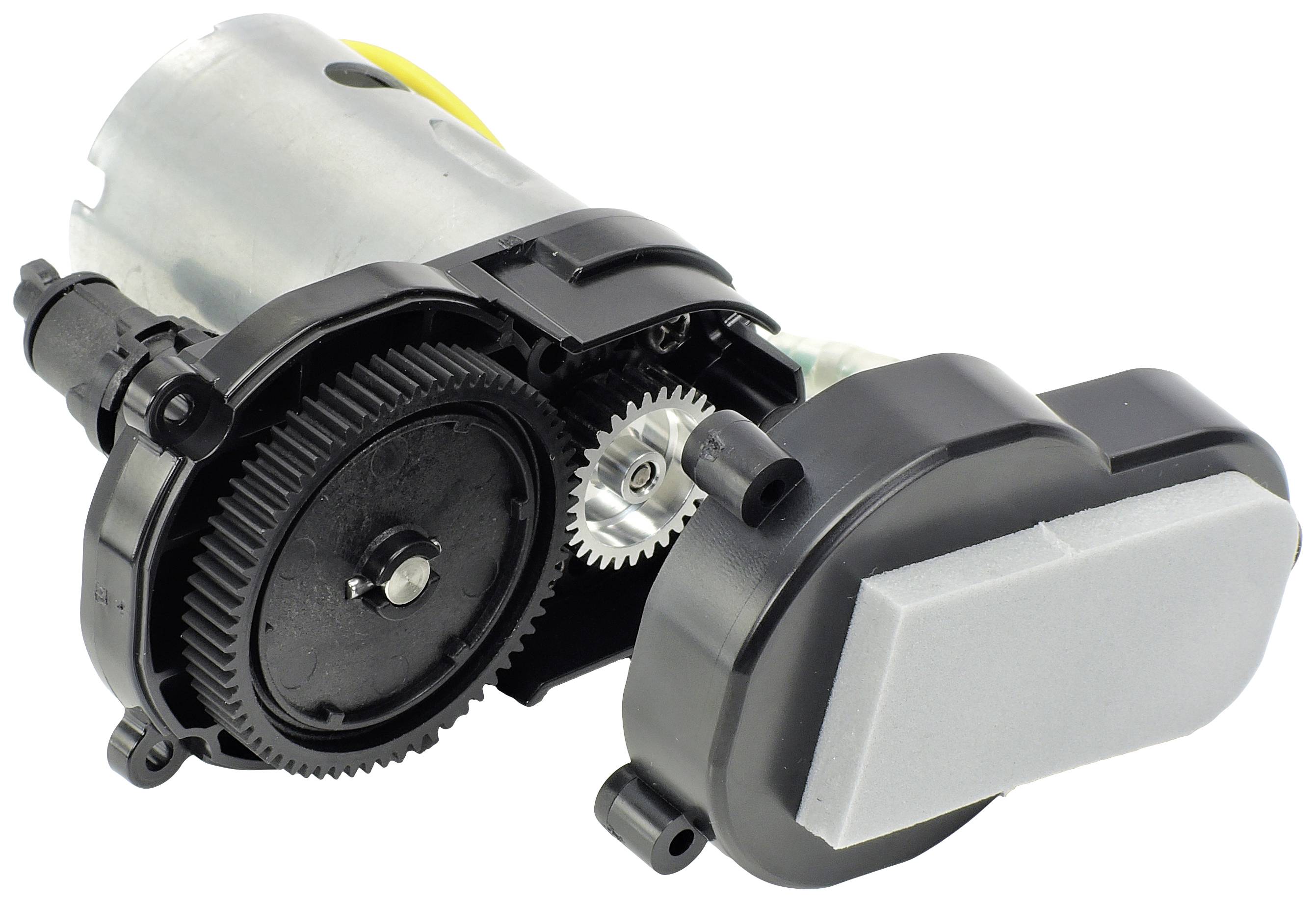 Elektroniczny zespół napędowy z silnikiem i kołami, prawdopodobnie stanowiący element większego systemu mechanicznego, takiego jak robot lub pojazd.