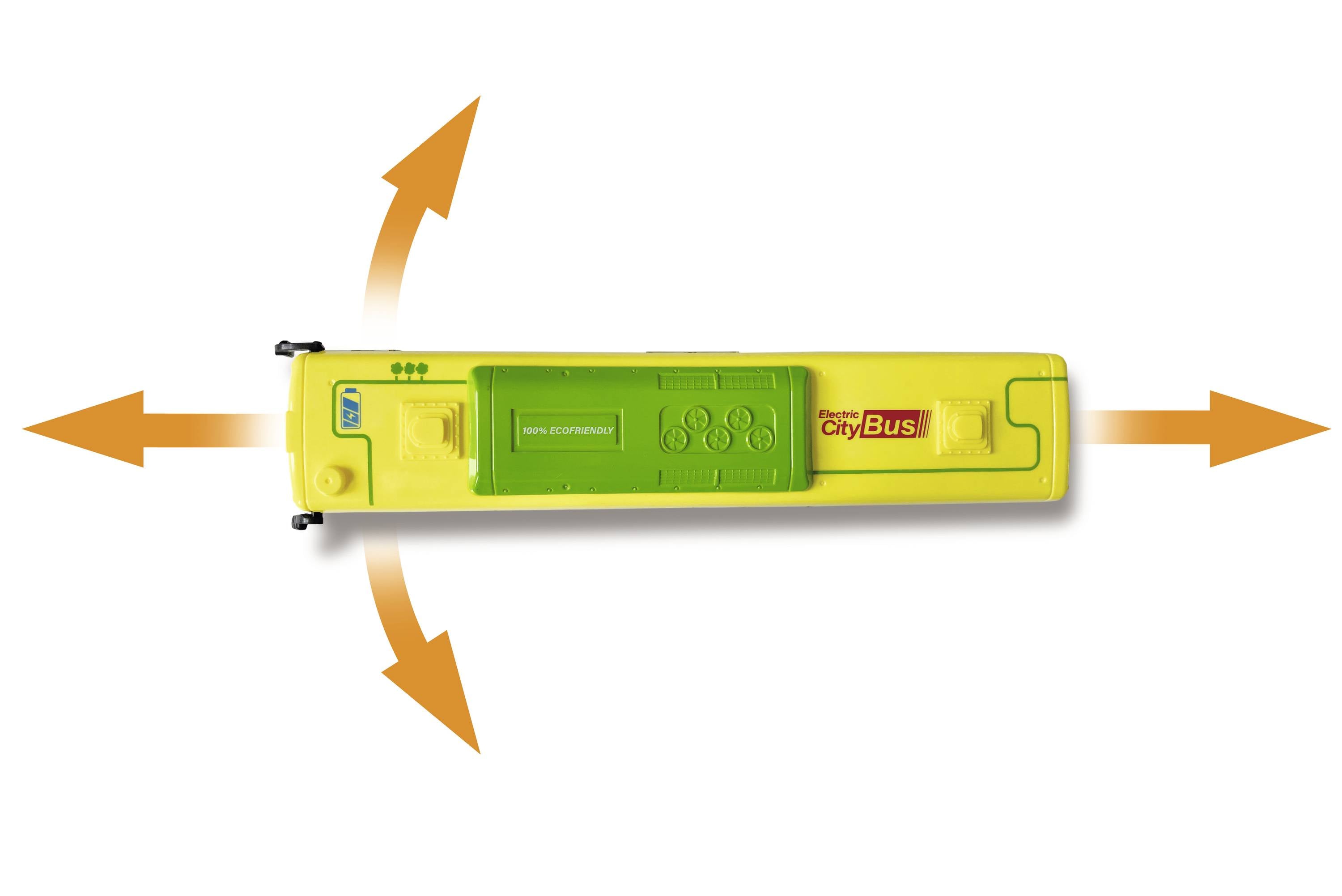 Zabawkowy autobus widziany z lotu ptaka, w kolorach żółtym i zielonym z napisem „CityBus". Pomarańczowe strzałki wskazują kierunki ruchu.