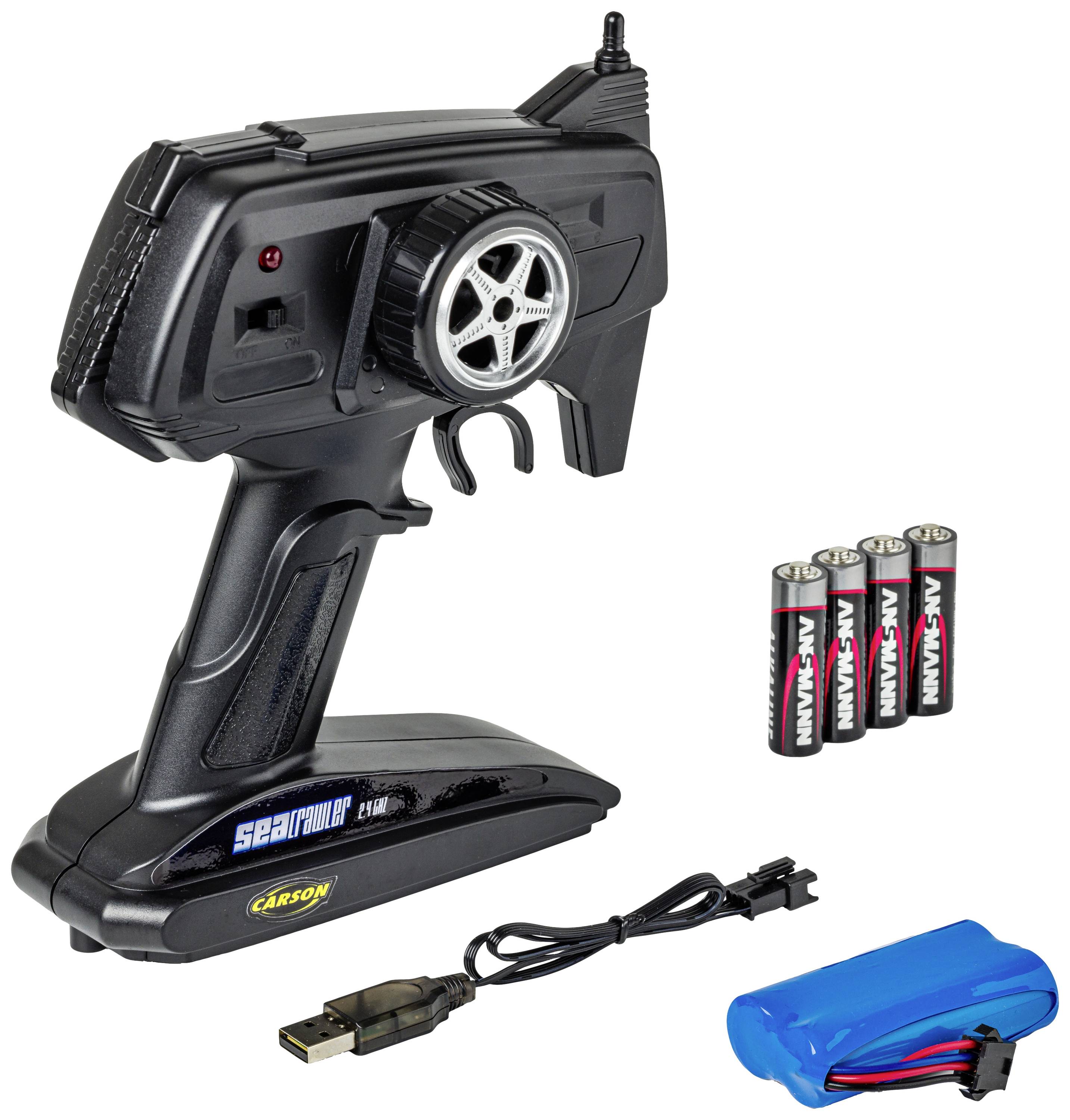 Pilot zdalnie sterowanego urządzenia sterującego z kierownicą, kablem USB, bateriami i niebieskim akumulatorem. Odpowiedni dla pojazdów zdalnie sterowanych.