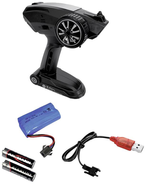 Czarna pilotka z pokrętłem, niebieski akumulator, dwie baterie AA oraz kabel USB do ładowania. Akcesoria do pojazdu zdalnie sterowanego.